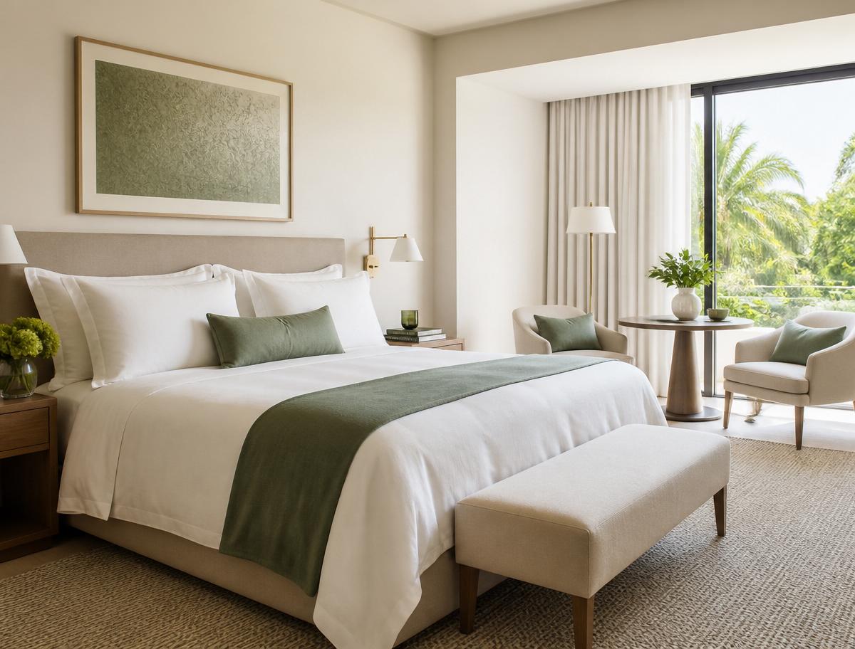 Serene luxury hotel bedroom with crisp white linens and sage accents