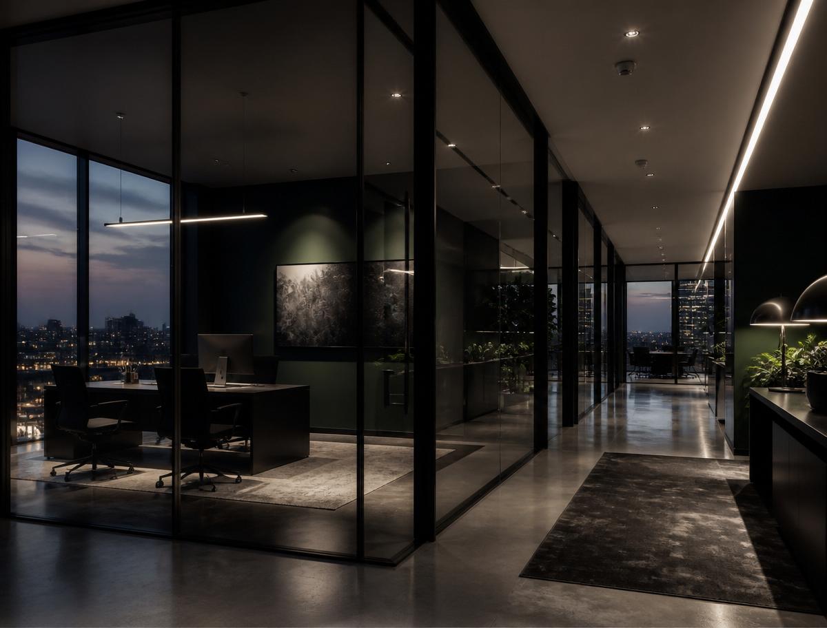 Sleek dark modern commercial office interior at dusk