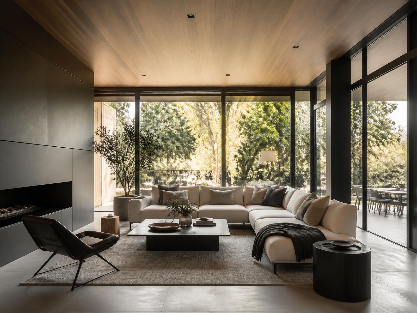Immaculate sunlit luxury living room with floor-to-ceiling windows
