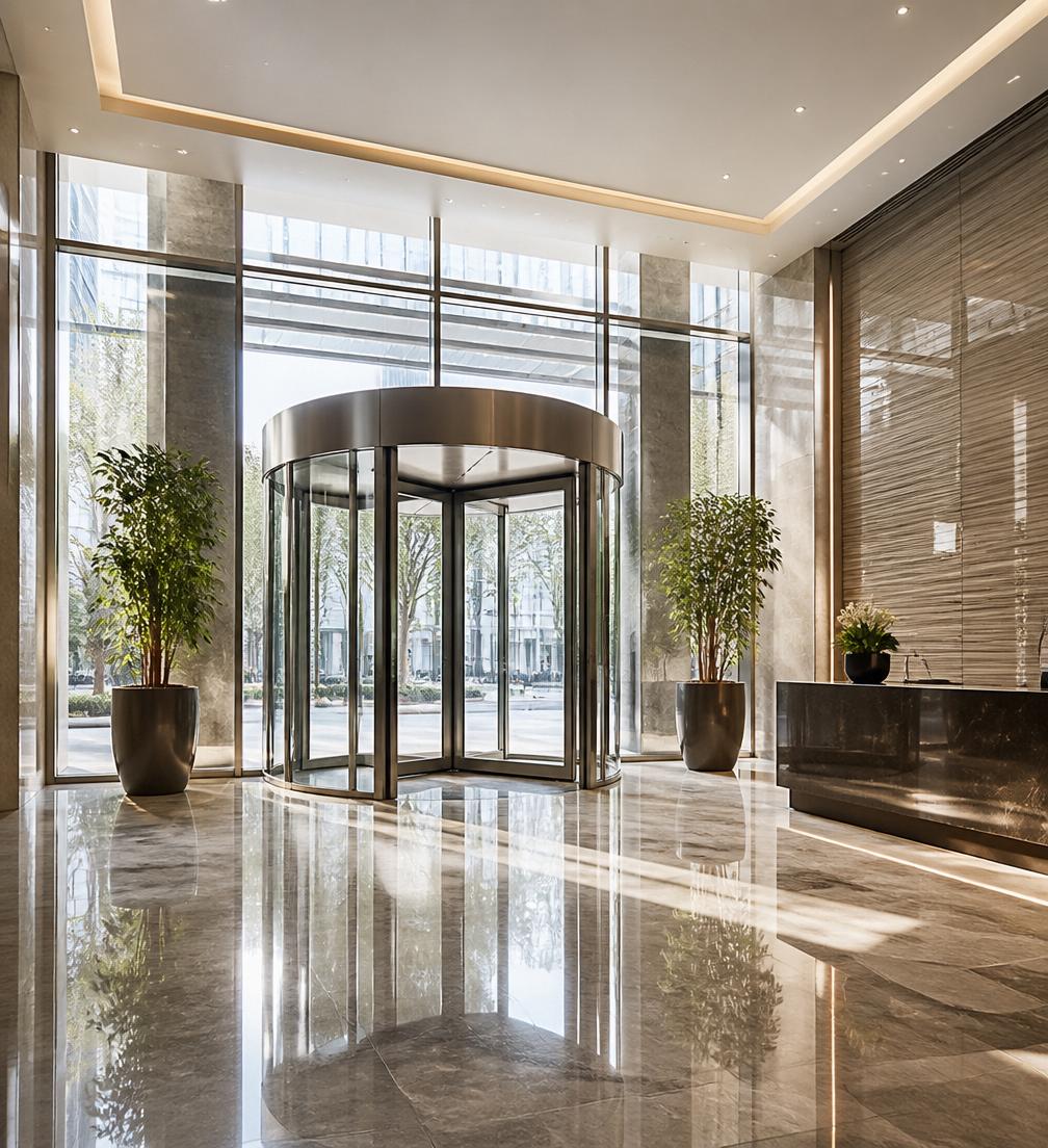 Elegant modern building lobby with revolving glass doors and polished stone floor