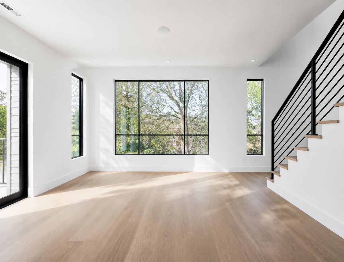Pristine empty newly-built room with large windows and clean wood floor