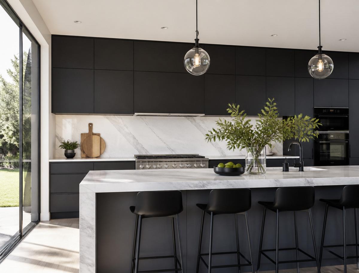 Immaculate modern luxury kitchen with marble island and greenery